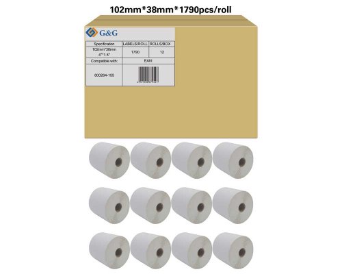 Kompatibel mit Zebra 800264-155 (12x 1.790 Etiketten/ 102 x 38mm) beschichtetes Thermopapier, bedingte Resistenz gegen Feuchtigkeit und Fette, perforiert jetzt kaufen - Marke: G&G